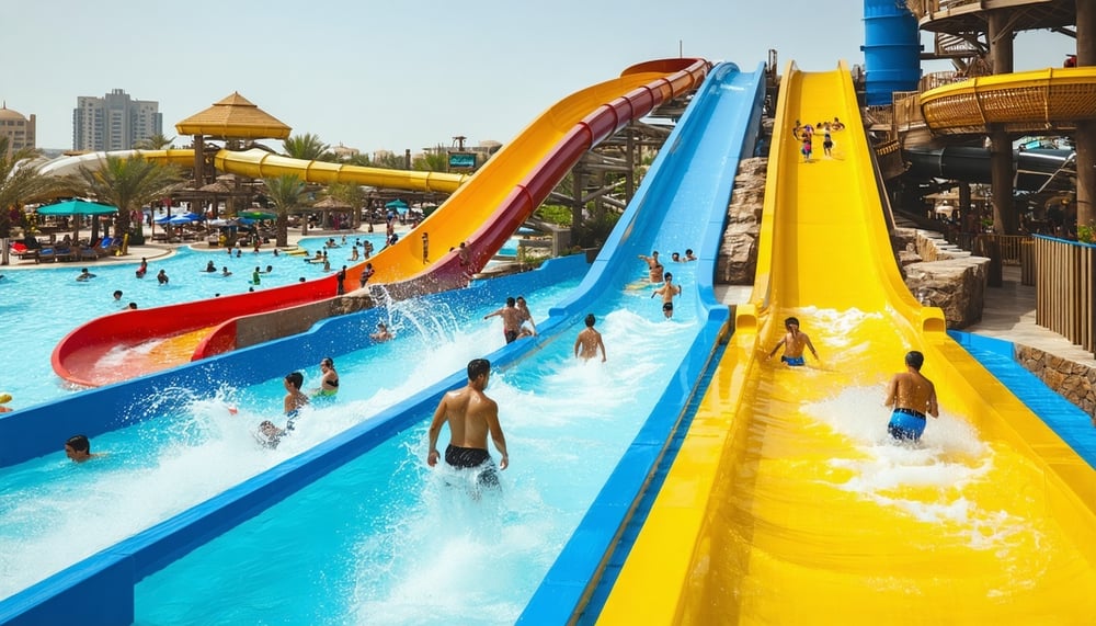 Dubai water park attractions with families enjoying slides and pools Dubai water park attractions with families enjoying slides and pools